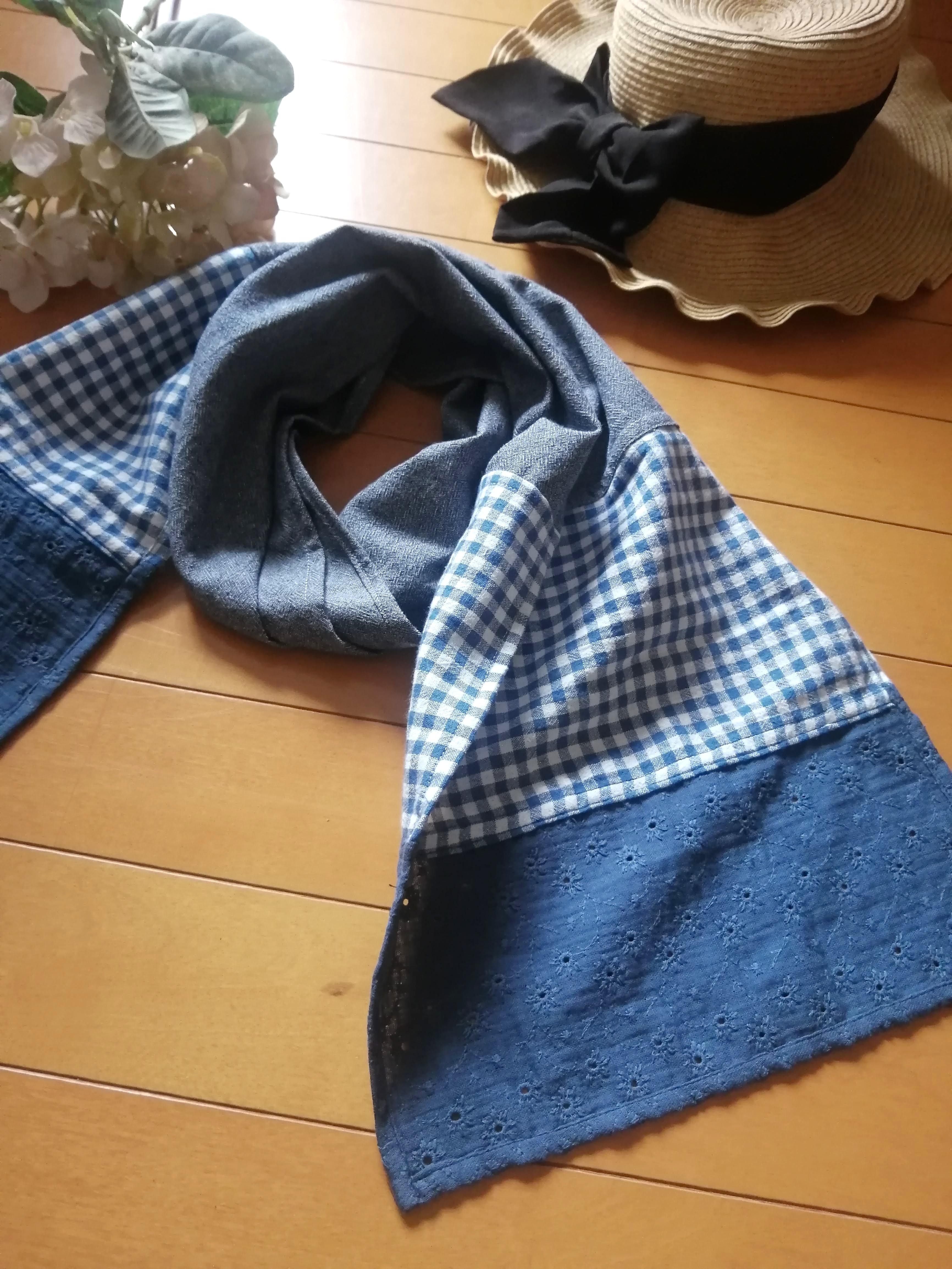 SALE★ブルー系　レース刺繡　ギンガムチェック　ブロックチェック　パッチワークコットンストール